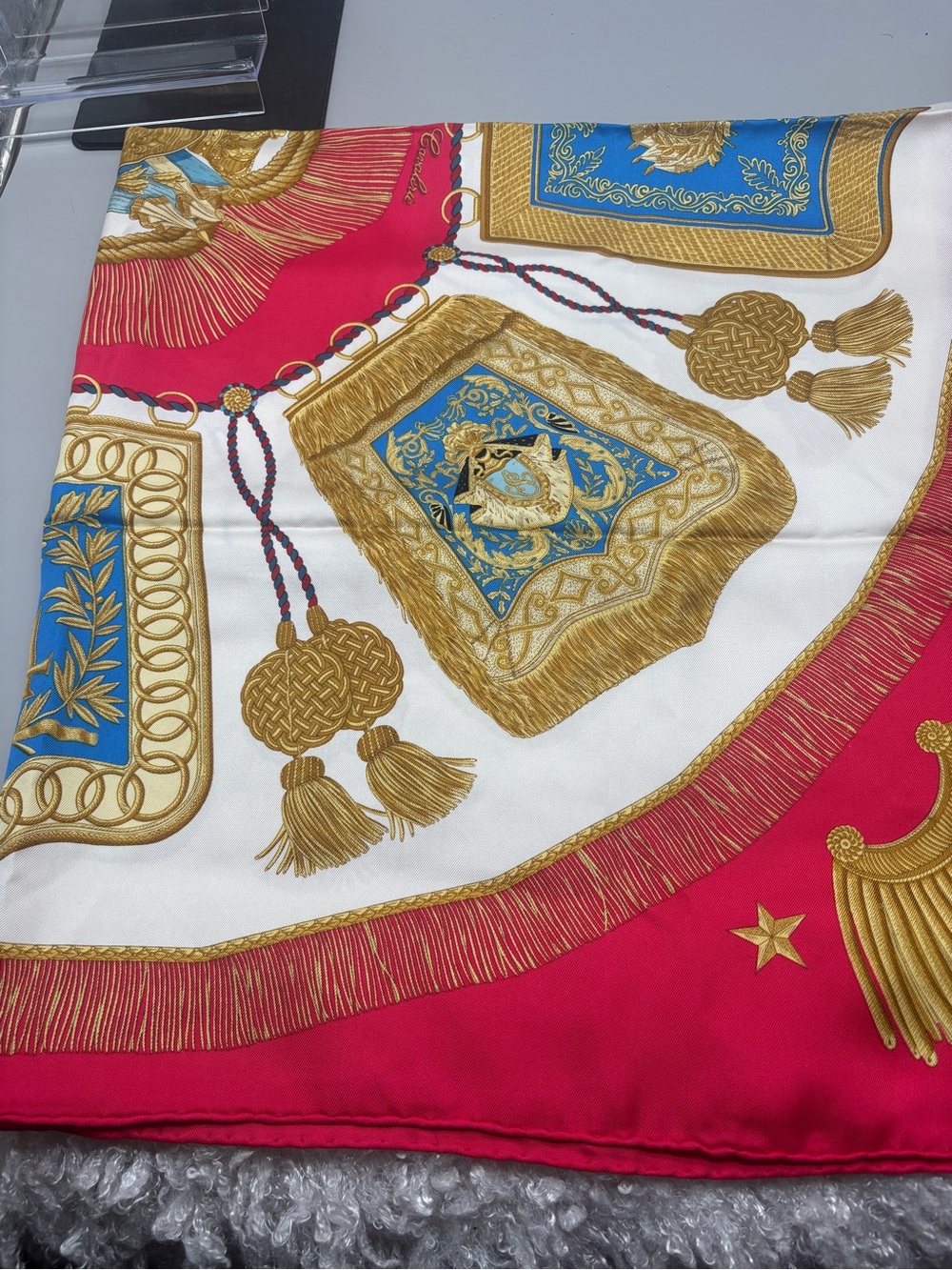 Vintage Hermès Carré 90 Silk Scarf Equestrian Tassel Red Gold Blue